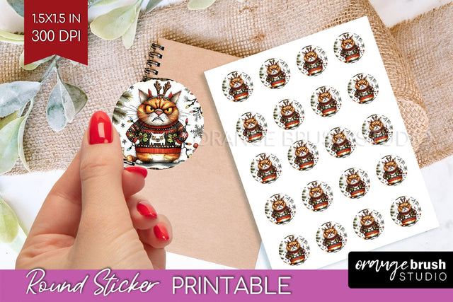 Christmas Cat Round Sticker - Funny Printable Sticker Sheet Sublimation OrangeBrushStudio 