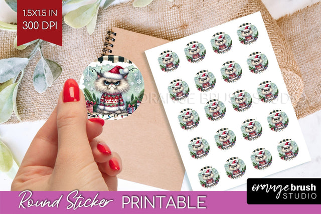 Christmas Cat Round Sticker - Funny Printable Sticker Sheet Sublimation OrangeBrushStudio 