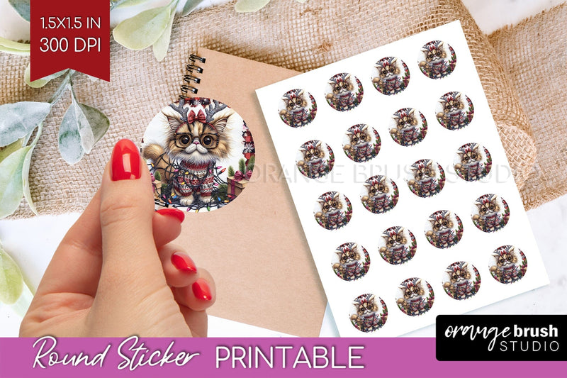 Christmas Cat Round Sticker - Funny Printable Sticker Sheet Sublimation OrangeBrushStudio 