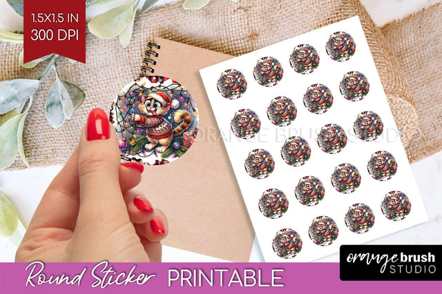 Christmas Cat Round Sticker - Funny Printable Sticker Sheet Sublimation OrangeBrushStudio 