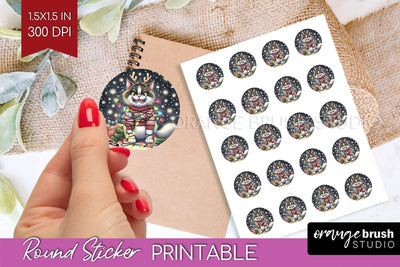 Christmas Cat Round Sticker - Funny Printable Sticker Sheet Sublimation OrangeBrushStudio 