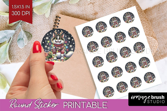 Christmas Cat Round Sticker - Funny Printable Sticker Sheet Sublimation OrangeBrushStudio 