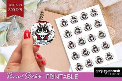 Christmas Cat Round Sticker - Funny Printable Sticker Sheet Sublimation OrangeBrushStudio 