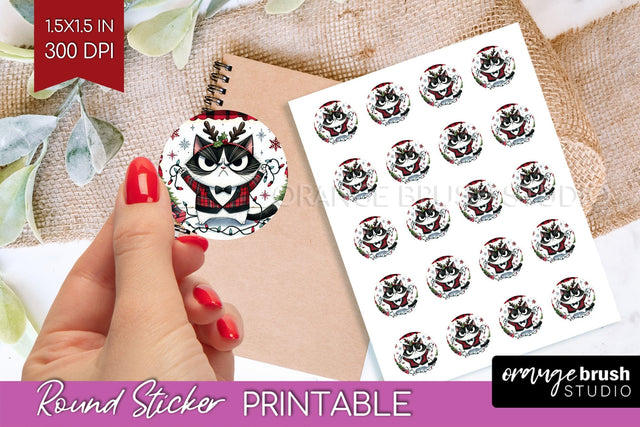 Christmas Cat Round Sticker - Funny Printable Sticker Sheet Sublimation OrangeBrushStudio 