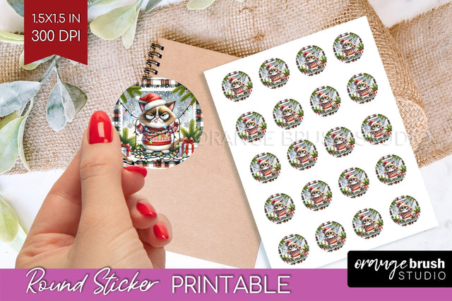 Christmas Cat Round Sticker - Funny Printable Sticker Sheet Sublimation OrangeBrushStudio 