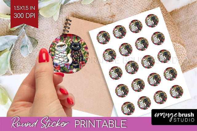 Christmas Cat Round Sticker - Funny Printable Sticker Sheet Sublimation OrangeBrushStudio 