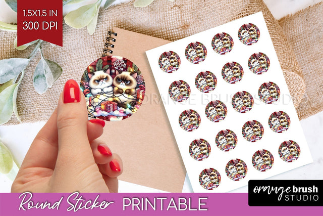 Christmas Cat Round Sticker - Funny Printable Sticker Sheet Sublimation OrangeBrushStudio 