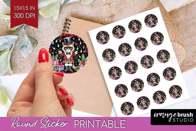 Christmas Cat Round Sticker - Funny Printable Sticker Sheet Sublimation OrangeBrushStudio 