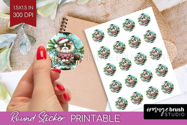Christmas Cat Round Sticker - Funny Printable Sticker Sheet Sublimation OrangeBrushStudio 
