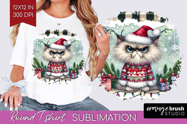 Christmas Cat Round Tshirt Background - Funny PNG Sublimation OrangeBrushStudio 