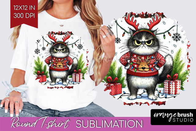Christmas Cat Round Tshirt Background - Funny PNG Sublimation OrangeBrushStudio 