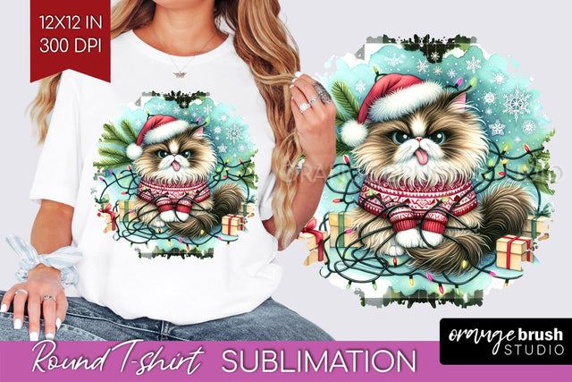 Christmas Cat Round Tshirt Background - Funny PNG Sublimation OrangeBrushStudio 