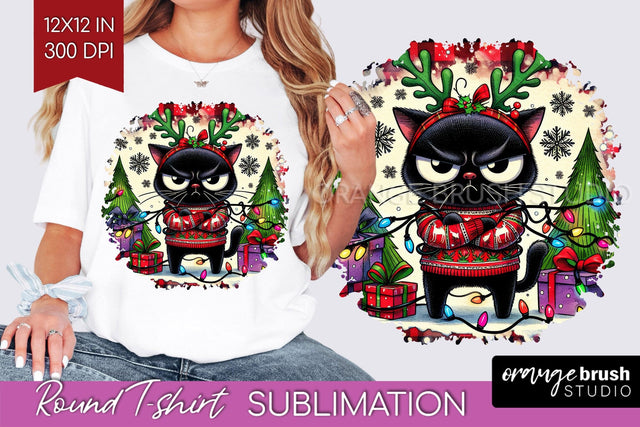 Christmas Cat Round Tshirt Background - Funny PNG Sublimation OrangeBrushStudio 
