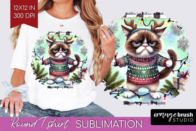 Christmas Cat Round Tshirt Background - Funny PNG Sublimation OrangeBrushStudio 