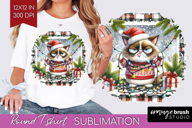 Christmas Cat Round Tshirt Background - Funny PNG Sublimation OrangeBrushStudio 