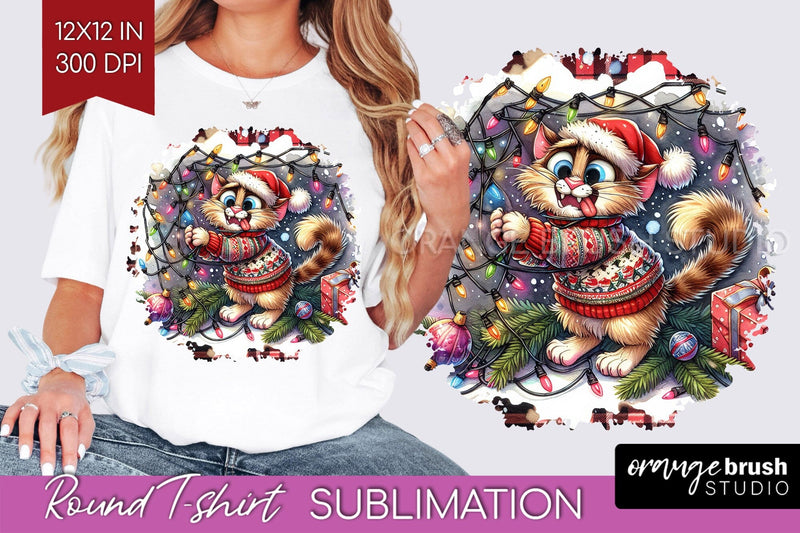 Christmas Cat Round Tshirt Background - Funny PNG Sublimation OrangeBrushStudio 