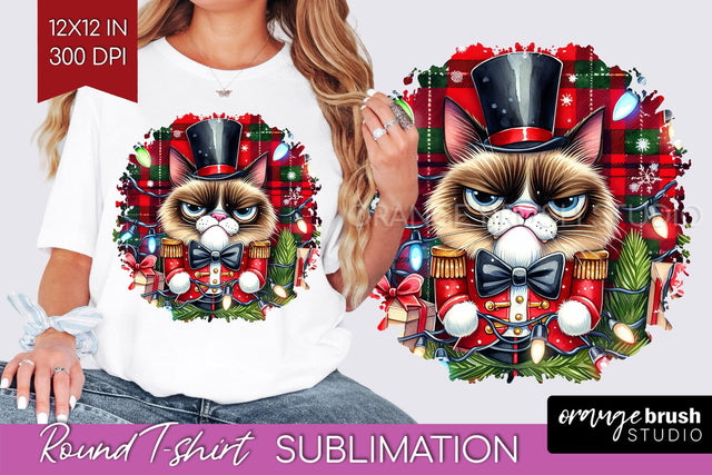 Christmas Cat Round Tshirt Background - Funny PNG Sublimation OrangeBrushStudio 
