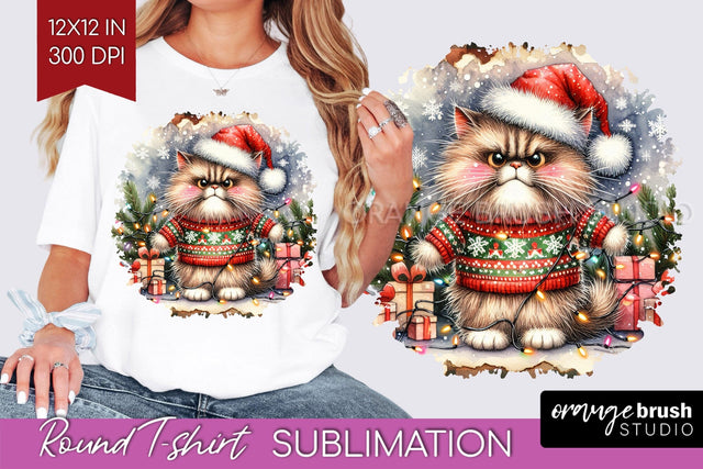 Christmas Cat Round Tshirt Background - Funny PNG Sublimation OrangeBrushStudio 