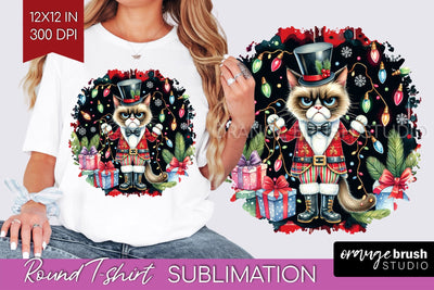 Christmas Cat Round Tshirt Background - Funny PNG Sublimation OrangeBrushStudio 