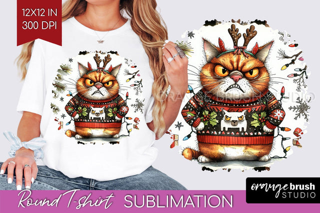 Christmas Cat Round Tshirt Background - Funny PNG Sublimation OrangeBrushStudio 