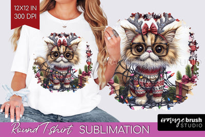 Christmas Cat Round Tshirt Background - Funny PNG Sublimation OrangeBrushStudio 