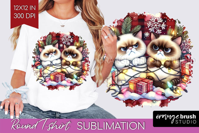 Christmas Cat Round Tshirt Background - Funny PNG Sublimation OrangeBrushStudio 
