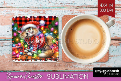 Christmas Cat Square Coaster - Funny Coaster PNG Sublimation Sublimation OrangeBrushStudio 