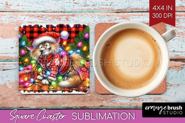 Christmas Cat Square Coaster - Funny Coaster PNG Sublimation Sublimation OrangeBrushStudio 