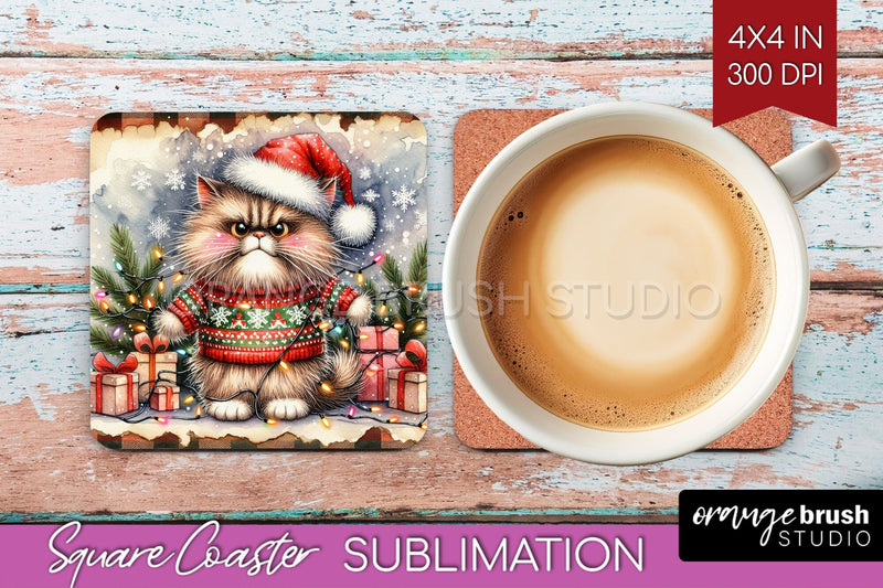 Christmas Cat Square Coaster - Funny Coaster PNG Sublimation Sublimation OrangeBrushStudio 