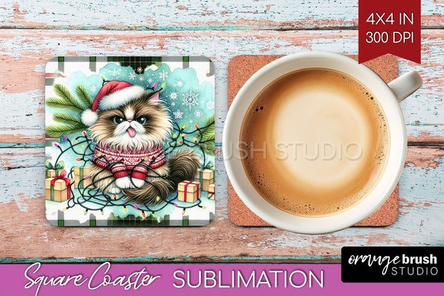 Christmas Cat Square Coaster - Funny Coaster PNG Sublimation Sublimation OrangeBrushStudio 