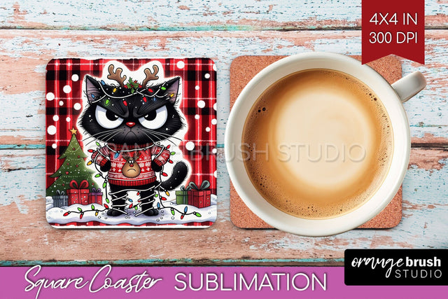Christmas Cat Square Coaster - Funny Coaster PNG Sublimation Sublimation OrangeBrushStudio 