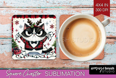 Christmas Cat Square Coaster - Funny Coaster PNG Sublimation Sublimation OrangeBrushStudio 