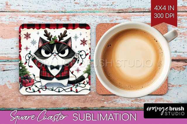 Christmas Cat Square Coaster - Funny Coaster PNG Sublimation Sublimation OrangeBrushStudio 