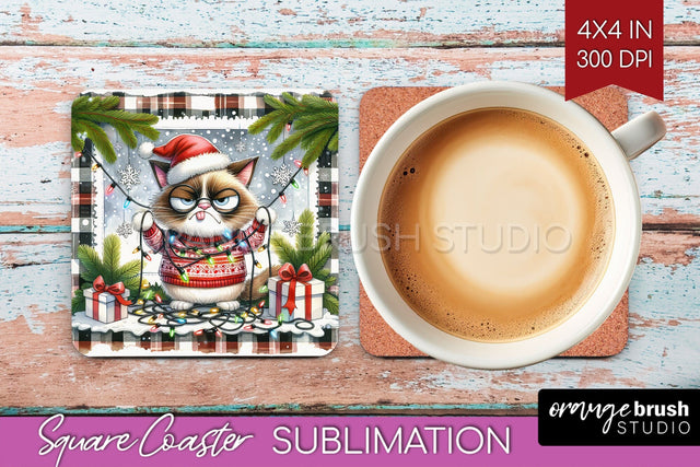 Christmas Cat Square Coaster - Funny Coaster PNG Sublimation Sublimation OrangeBrushStudio 