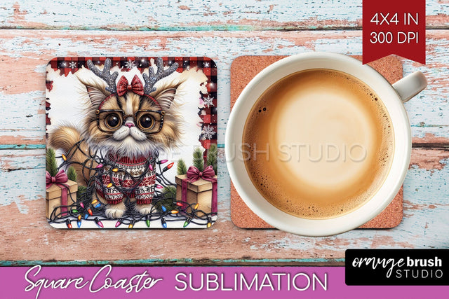 Christmas Cat Square Coaster - Funny Coaster PNG Sublimation Sublimation OrangeBrushStudio 