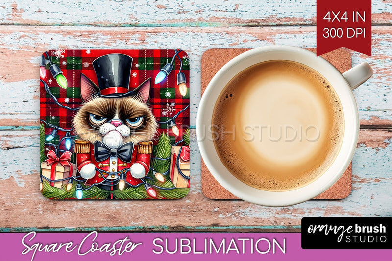 Christmas Cat Square Coaster - Funny Coaster PNG Sublimation Sublimation OrangeBrushStudio 