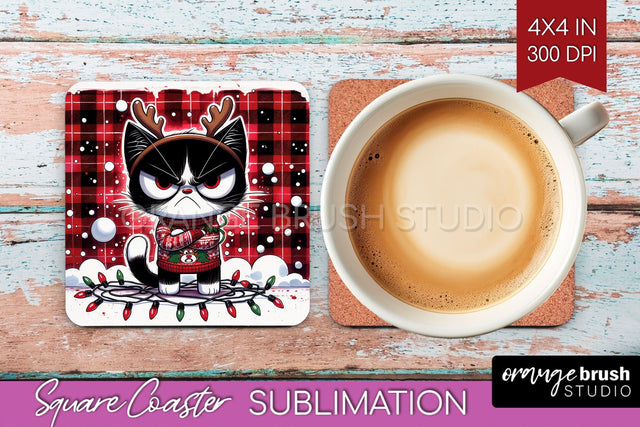 Christmas Cat Square Coaster - Funny Coaster PNG Sublimation Sublimation OrangeBrushStudio 