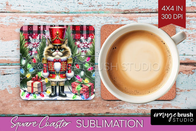 Christmas Cat Square Coaster - Funny Coaster PNG Sublimation Sublimation OrangeBrushStudio 
