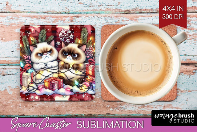 Christmas Cat Square Coaster - Funny Coaster PNG Sublimation Sublimation OrangeBrushStudio 