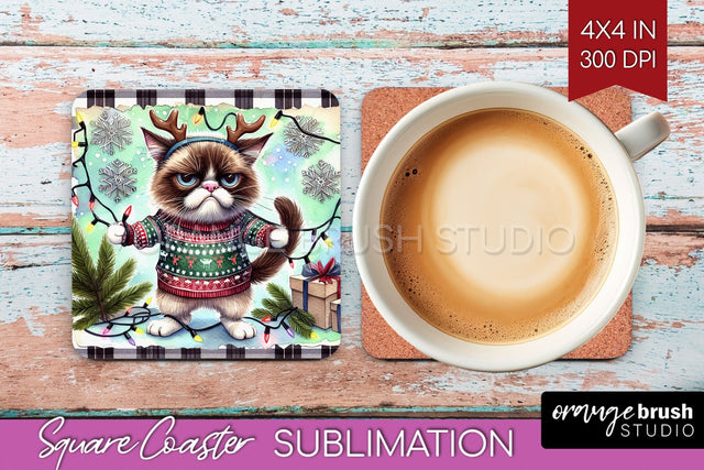 Christmas Cat Square Coaster - Funny Coaster PNG Sublimation Sublimation OrangeBrushStudio 