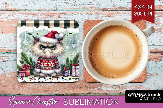 Christmas Cat Square Coaster - Funny Coaster PNG Sublimation Sublimation OrangeBrushStudio 