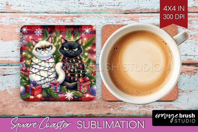 Christmas Cat Square Coaster - Funny Coaster PNG Sublimation Sublimation OrangeBrushStudio 
