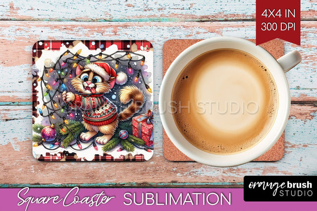 Christmas Cat Square Coaster - Funny Coaster PNG Sublimation Sublimation OrangeBrushStudio 