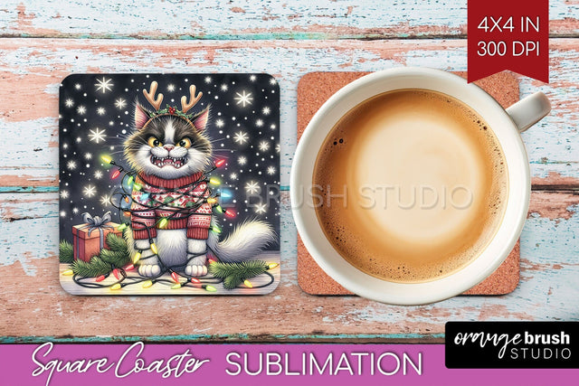 Christmas Cat Square Coaster - Funny Coaster PNG Sublimation Sublimation OrangeBrushStudio 