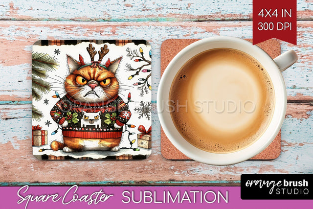 Christmas Cat Square Coaster - Funny Coaster PNG Sublimation Sublimation OrangeBrushStudio 