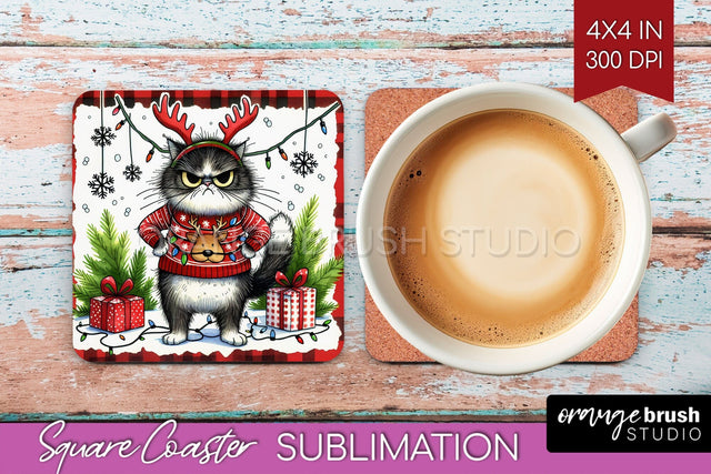 Christmas Cat Square Coaster - Funny Coaster PNG Sublimation Sublimation OrangeBrushStudio 