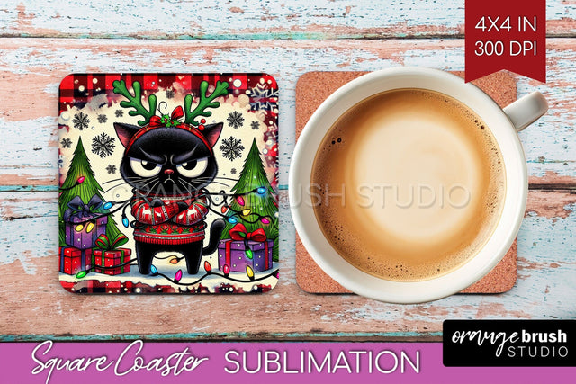 Christmas Cat Square Coaster - Funny Coaster PNG Sublimation Sublimation OrangeBrushStudio 
