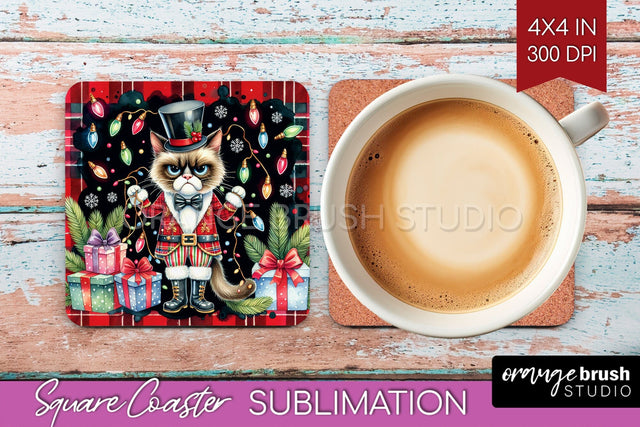 Christmas Cat Square Coaster - Funny Coaster PNG Sublimation Sublimation OrangeBrushStudio 