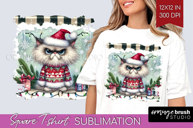 Christmas Cat Square Tshirt Background - Funny PNG Sublimation OrangeBrushStudio 