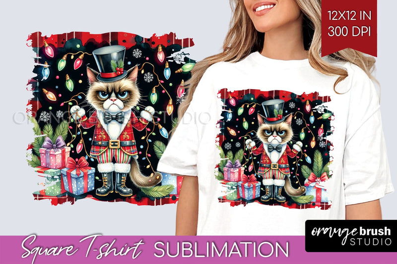 Christmas Cat Square Tshirt Background - Funny PNG Sublimation OrangeBrushStudio 